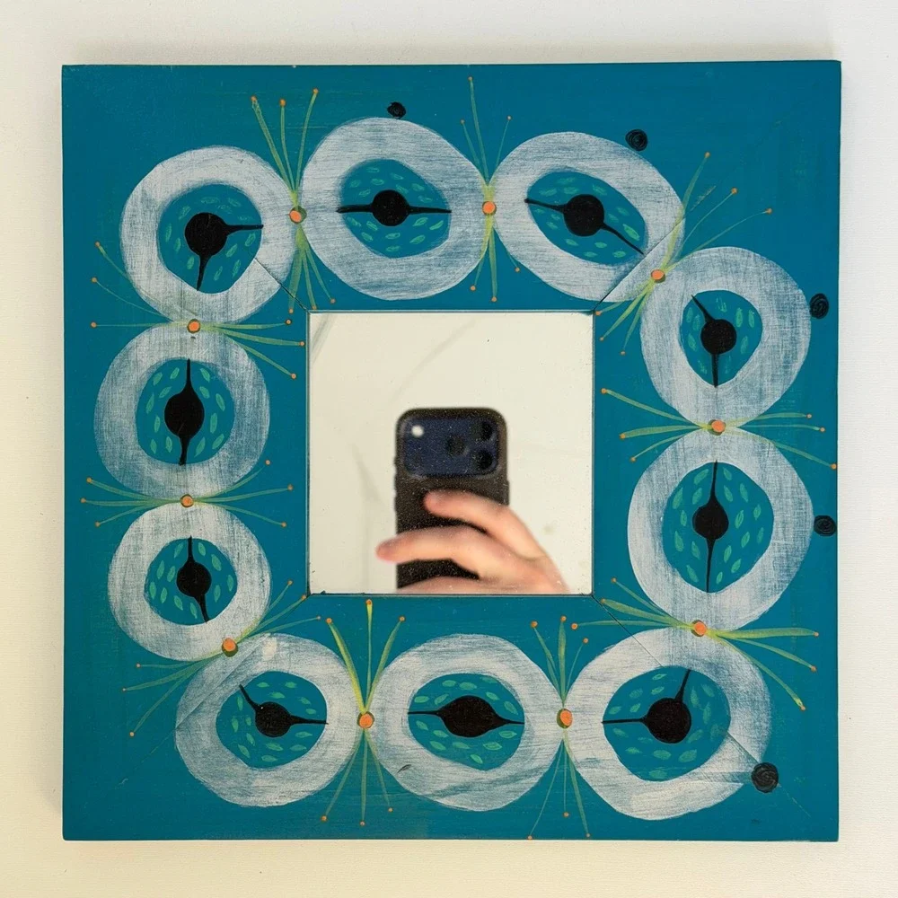 Vintage Hand Painted Square Mirror 12x12 Laurie Conklin Blue Folk Art Abstract